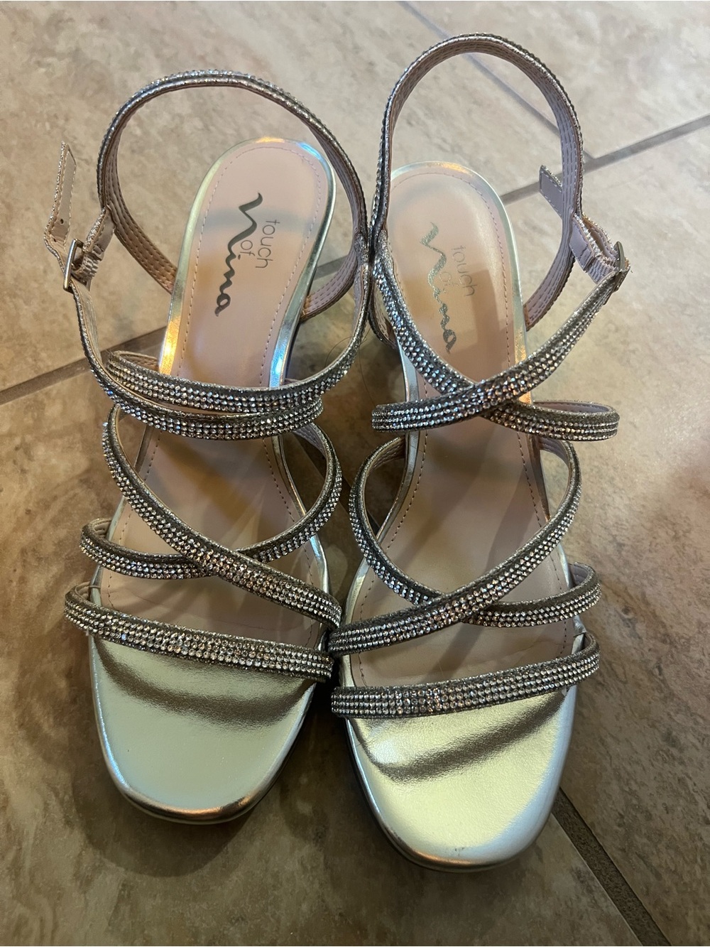 Touch of Nina Metallic Gold Rhinestone Strappy Heels